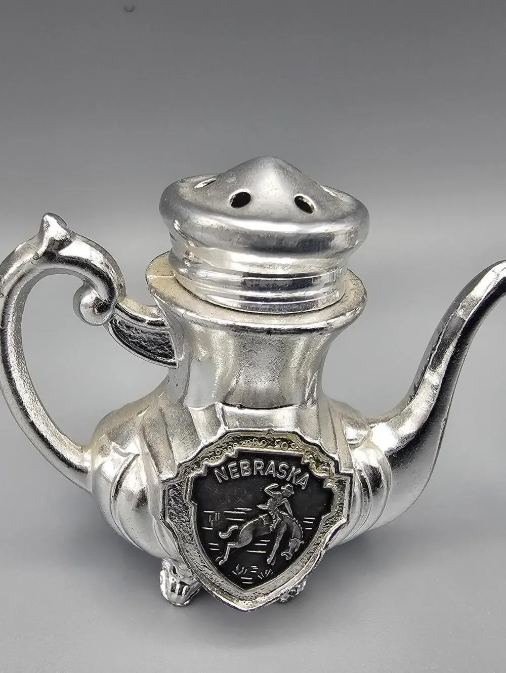 Vintage Nebraska Teapot Salt and Pepper Shakers Pair Silver Tone Souvenir